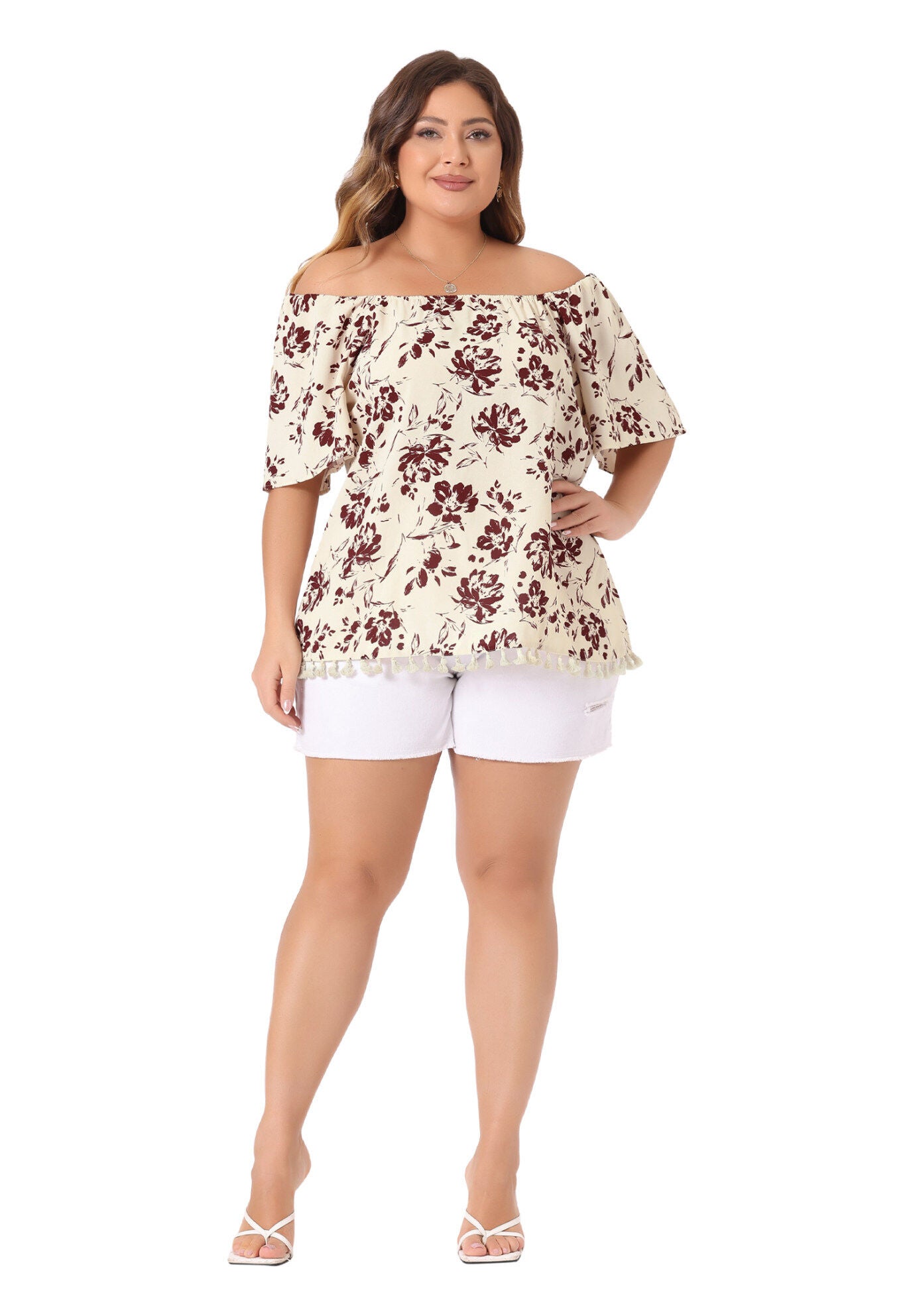 Square Neck Floral Tassel Hem Boho Tops, Beige / Beige, hi-res image number 0