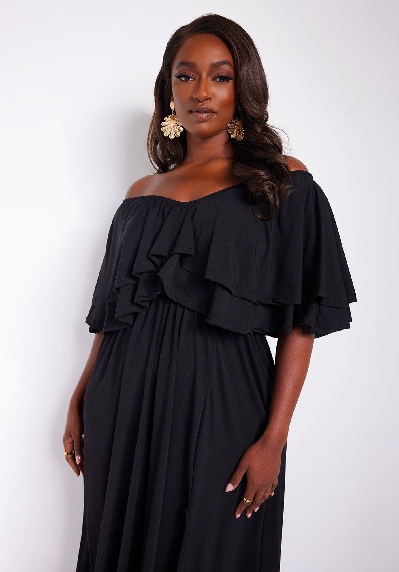 Taryn Ruffled Thigh Slit Maxi Skater Dress, Black / Black, alternate image number 2