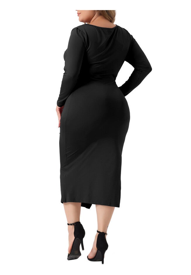 Long Sleeve Crew Neck Side Slit Ruched Bodycon Dress, Black / Black, alternate image number null