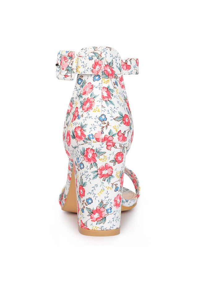 Floral Print Open Toe Block High Heels Summer Sandals, Red White / Red, alternate image number 2