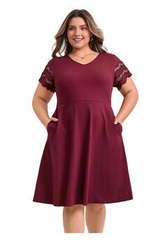 V Neck Embroidered Hollow Eyelet Short Sleeve Midi Casual Dress with Pockets