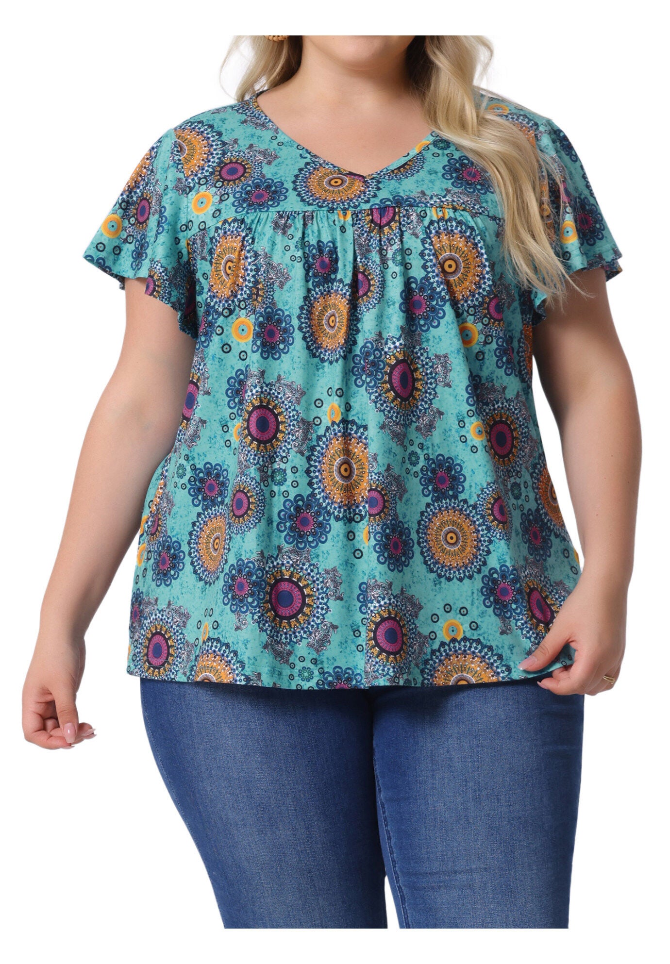 V Neck Ruffle Short Sleeve T-Shirt Tee Top, Blue Orange / Dusty Blue, alternate image number 2