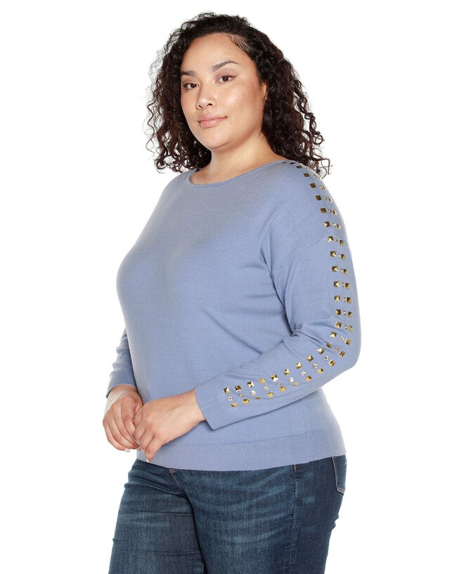 EMBELLISHED BOATNECK SWEATER, Chambray / Dusty Blue, alternate image number 2