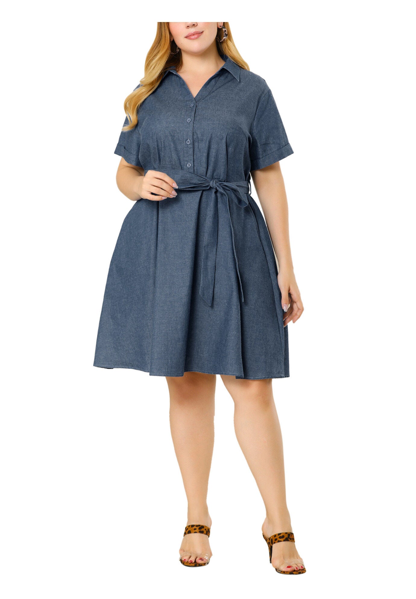Buttons Belted Short Sleeves Chambray Dress, Dark Blue / Navy, alternate image number 1