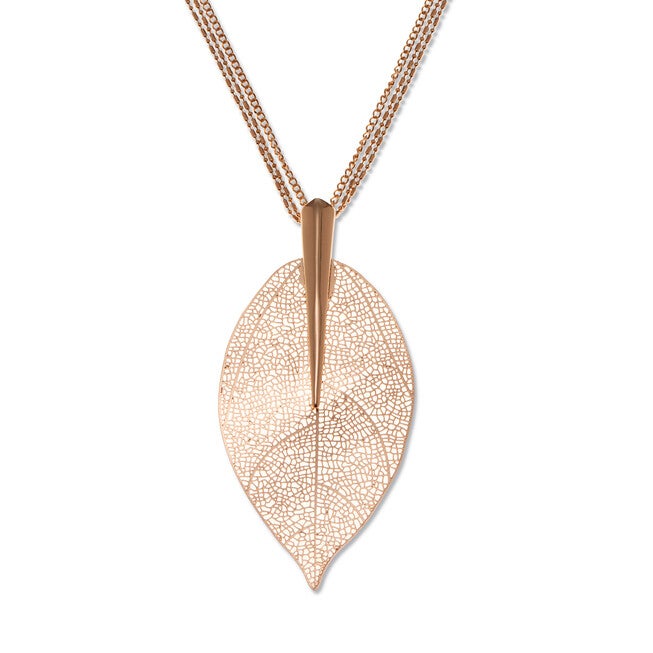 Goldtone Leaf Drop Necklace, 26 inch chain, plus 2 inch extension, Rose / Pink, hi-res image number null