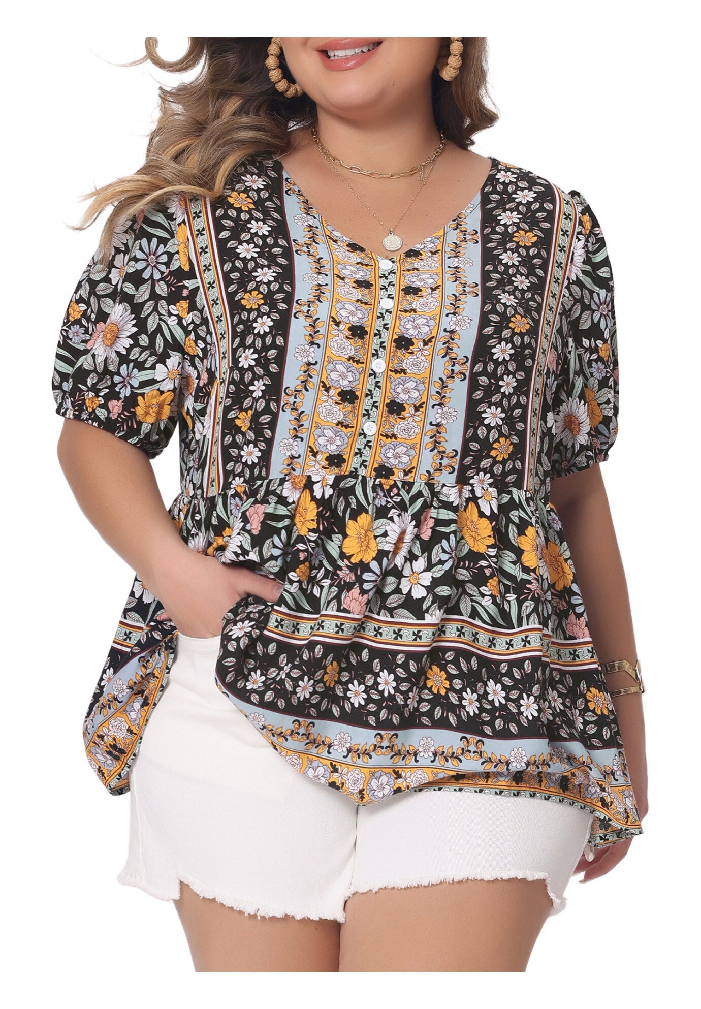 Boho Floral Print V Neck Peplum Loose Blouse, Black / Black, alternate image number 1