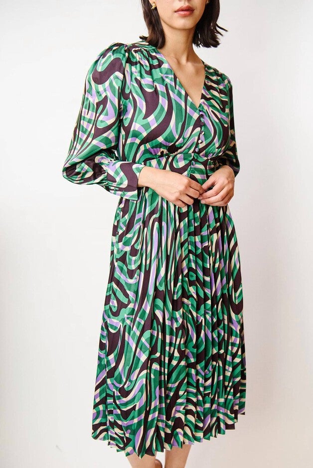 CELYA MIDI DRESS IN GREEN/PURPLE PRINT, GreenPurple Print / Light Green, hi-res image number 0