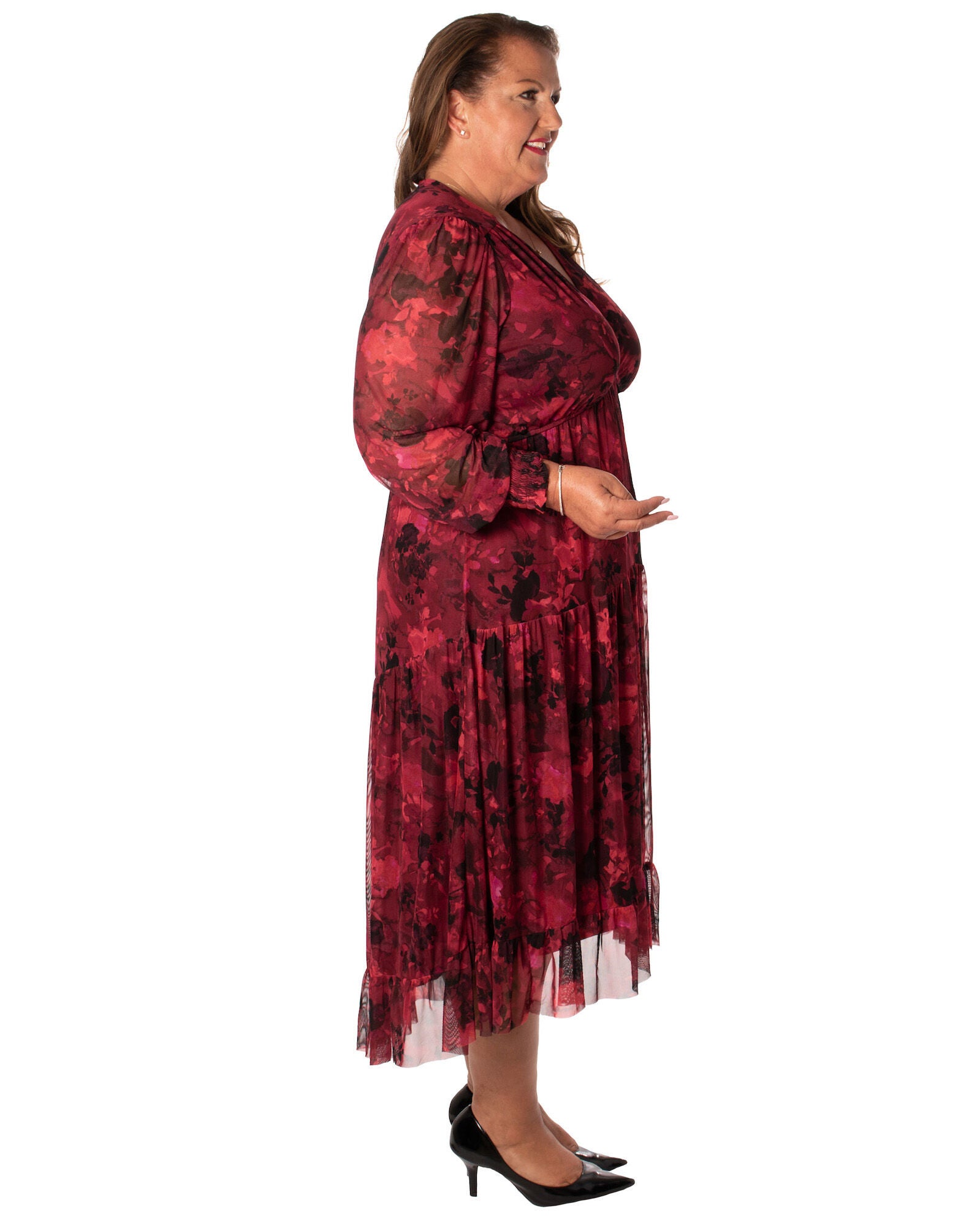 PRINTED VICTORIA MESH FULLY LINED DRESS  WITH SMOCKING, REDRASPBERRYBLACK / Red, alternate image number 1