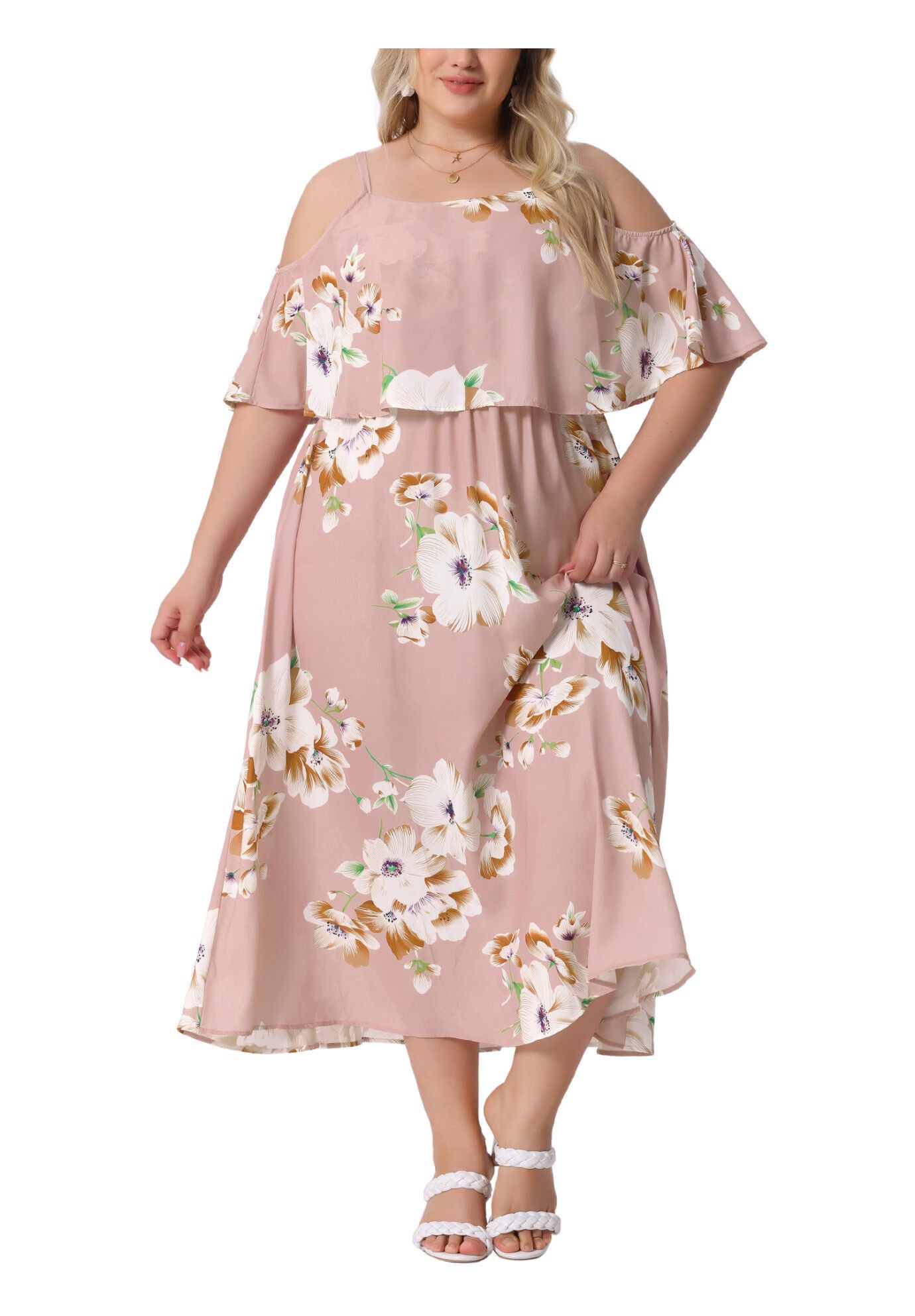 Square Neck Adjustable Strap Sundress Summer Maxi Dress, Pink / Pink, alternate image number 2