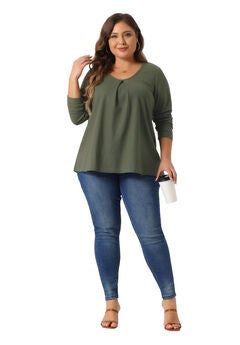 Crew Neck Pleat Front Long Sleeve Waffle Knit Blouse Shirt