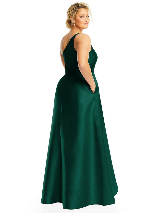 One-Shoulder Satin Gown with Draped Front Slit and Pockets, Hunter Green / Hunter Green, alternate image number 1