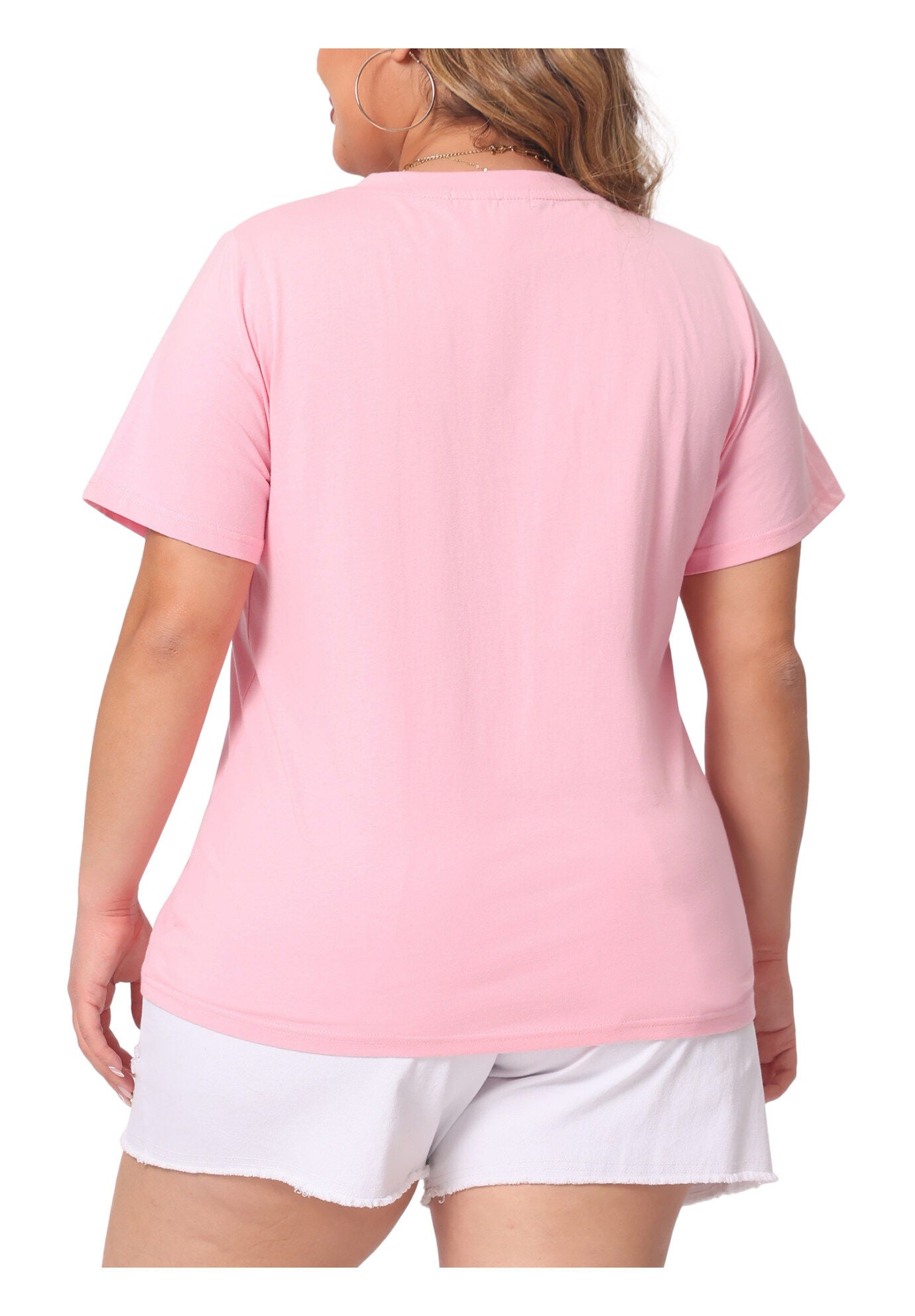 Short Sleeve V Neck Basic T-Shirt Top, Pink / Pink, alternate image number 3