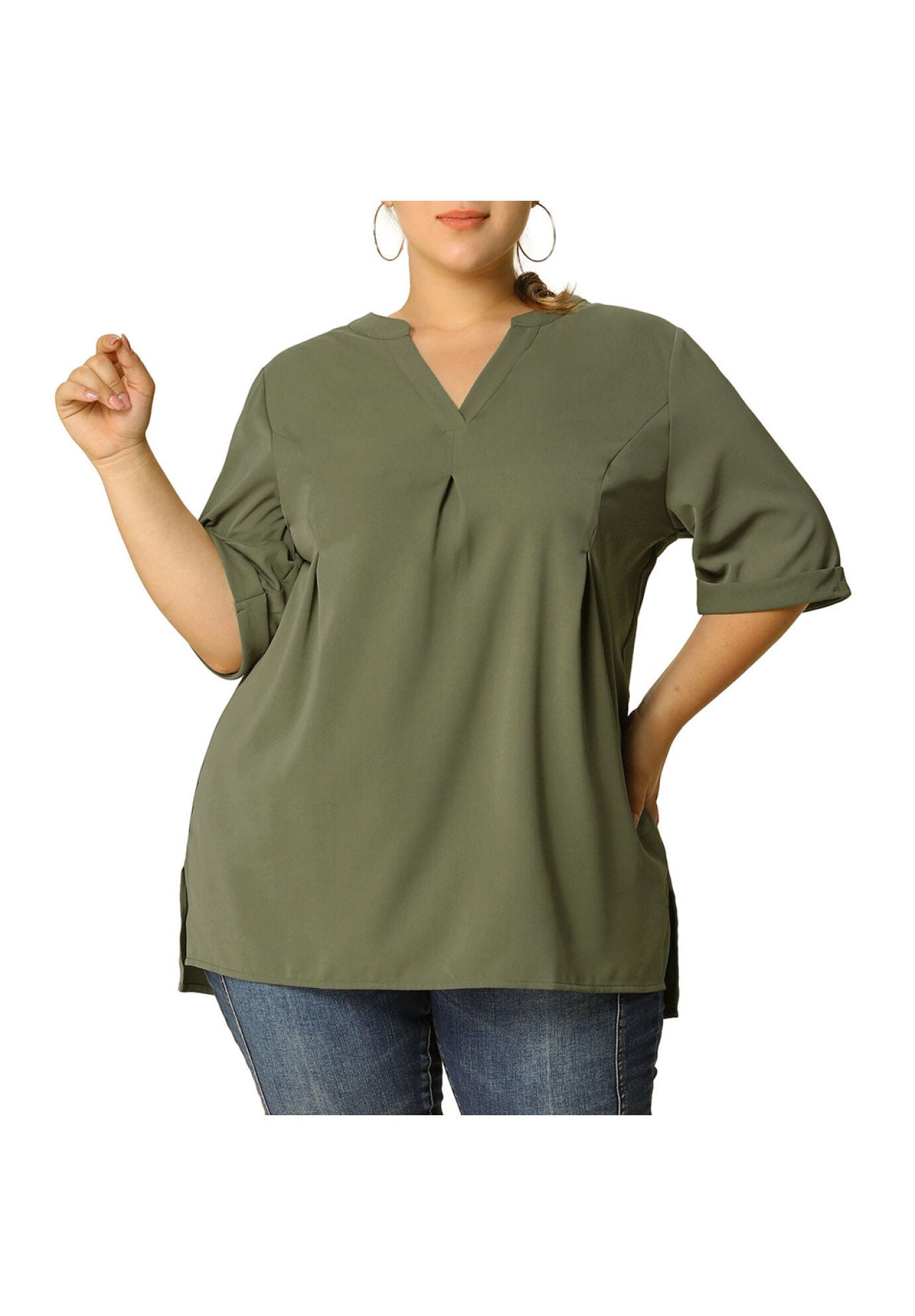 V Neck Casual Solid 1/2 Sleeve Tunic Blouse, Olive Green / Olive Green, alternate image number 1