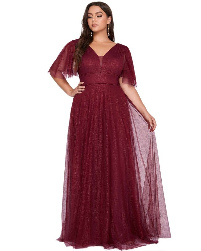 V Neck Tulle Formal Evening Dress with Ruffle Sleeves, Burgundy / Burgundy, hi-res image number 0