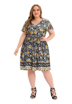Placed Pattern Bohemian Smock Waist V Neck Summer Midi Dress