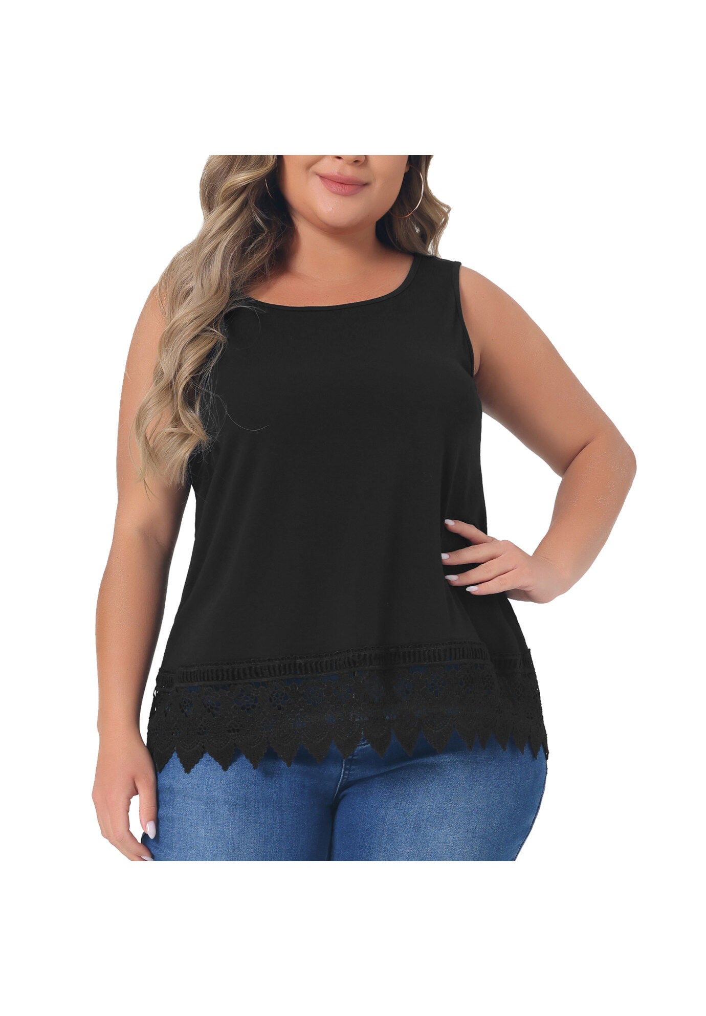 Round Neck Sleeveless Swing Lace Panel Flowy Top, Black / Black, alternate image number 2