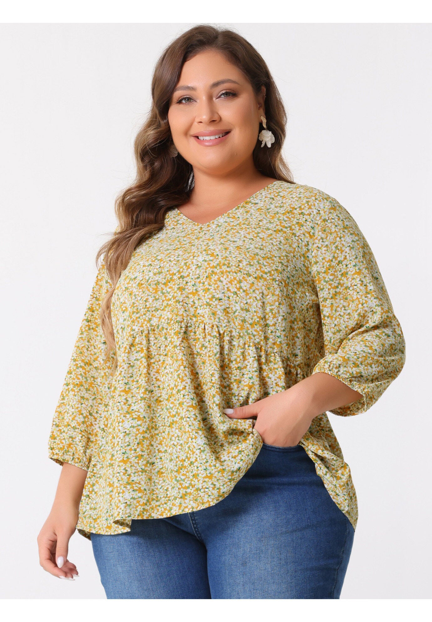 V Neck Babydoll Flowy 3/4 Lantern Sleeve Floral Blouse, Yellow / Yellow, alternate image number 1