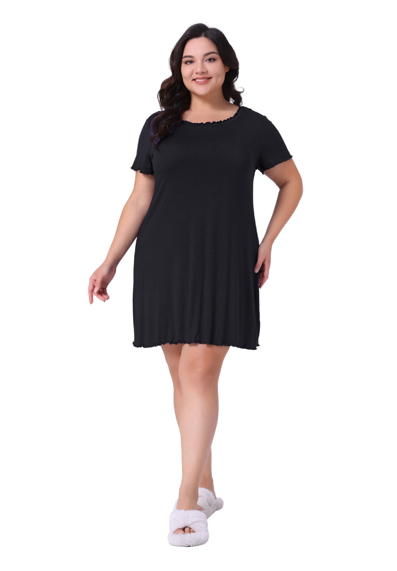 Short Sleeve Ruffle Casual Loose Pajama Dress, Black / Black, hi-res image number 0