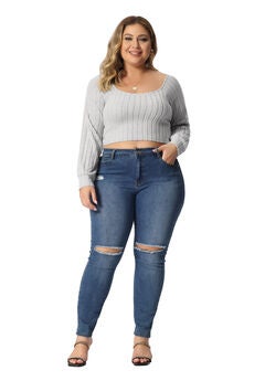 Square Neck Long Sleeve Slim Fitted T-Shirt Crop Tee Top