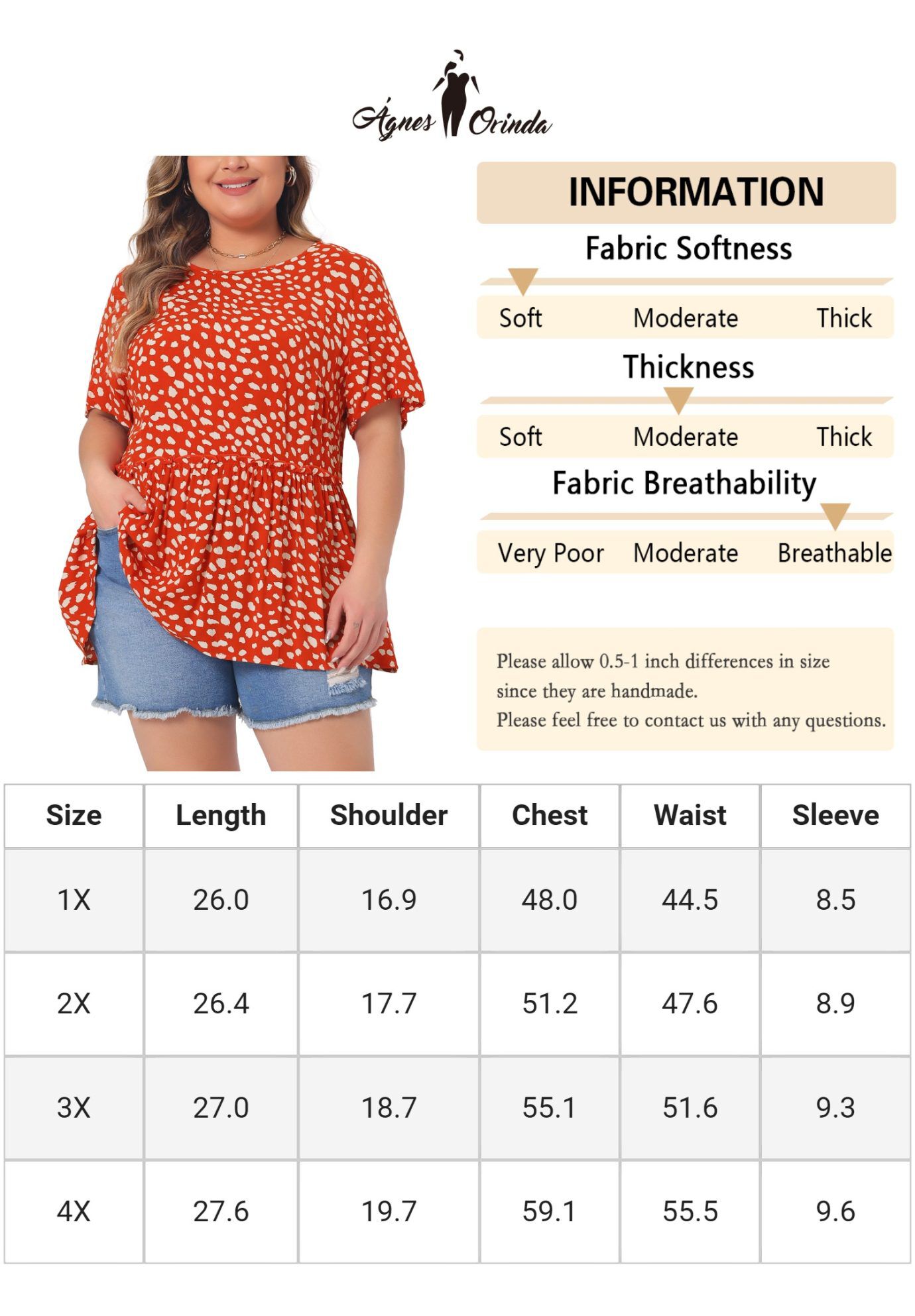 Polka Dots Crew Neck Short Sleeve Peplum Top, Orange / Orange, alternate image number 4