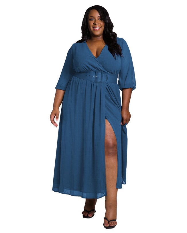 Tida Women's Plus Size Belted Surplice Maxi Dress, Artic Blue / Navy, alternate image number 2