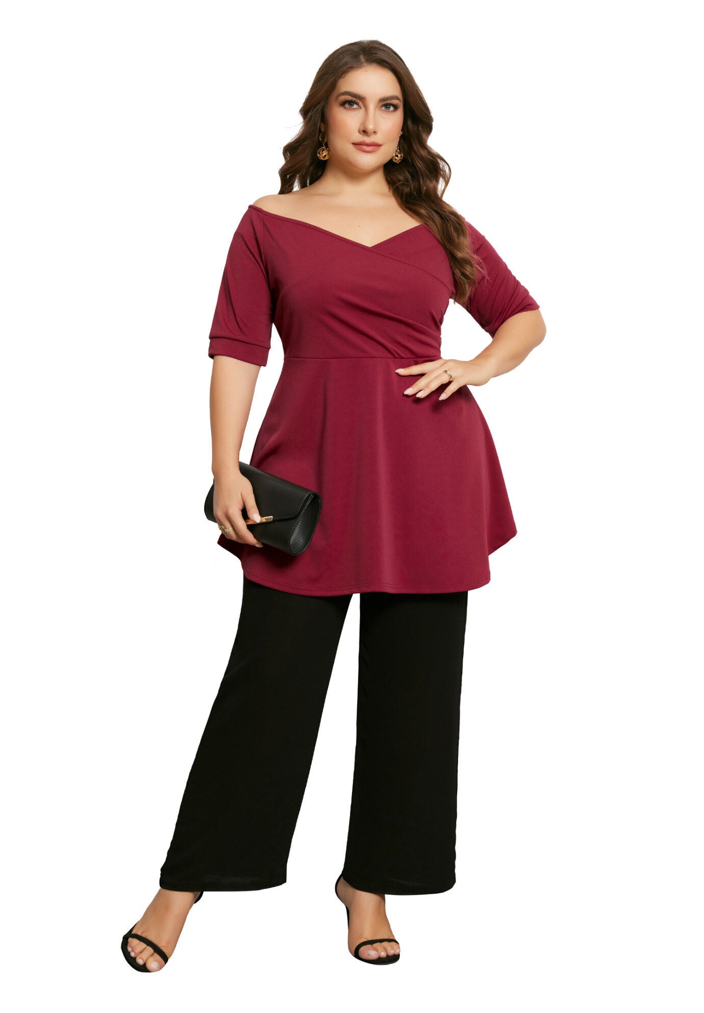 V NECK SHORT SLEEVE RUCHED PEPLUM BLOUSE TOP, Burgundy / Red, hi-res image number 0