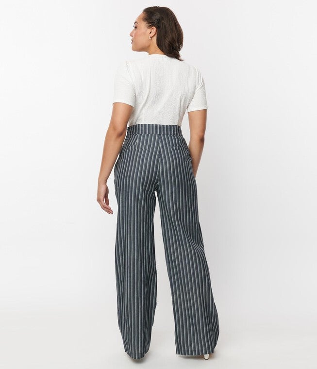 Unique Vintage Denim & White Stripe High Waist Sailor Ginger Pants, , alternate image number null