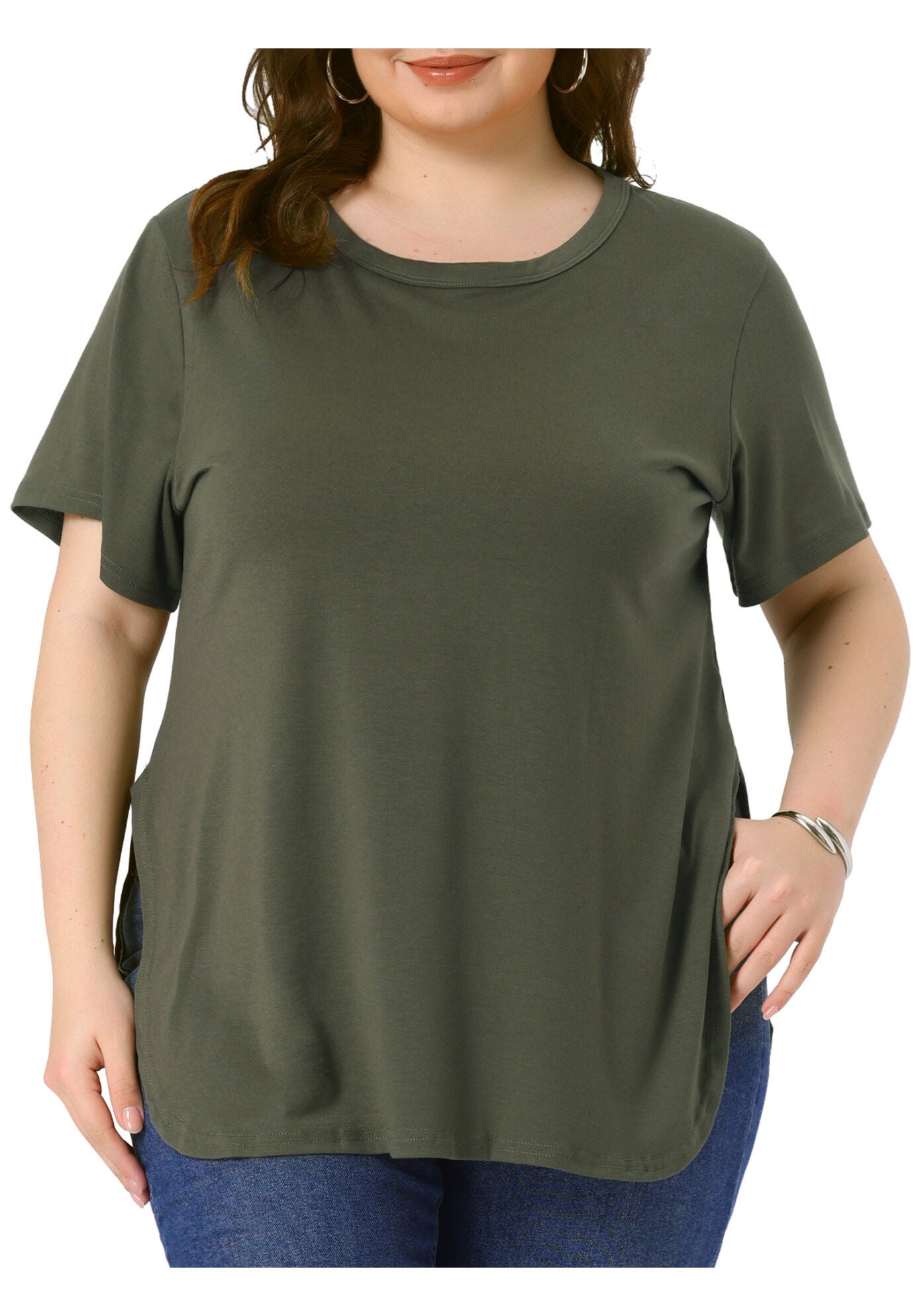 Short Sleeve Round Neck Side Split Hem T-Shirts, Army Green / Olive Green, alternate image number 2