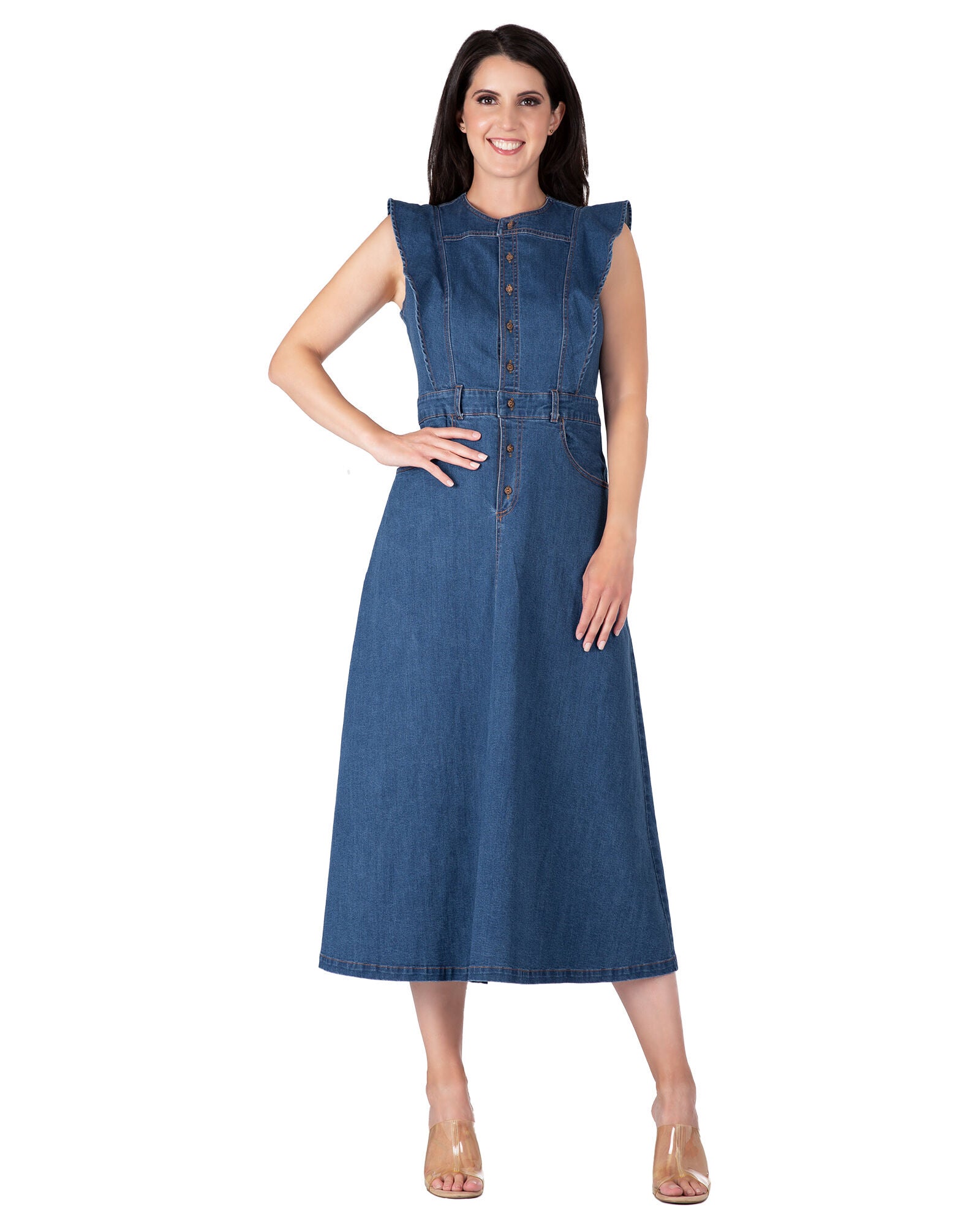 Verona Women&#39;s Plus Size Ruffle Sleeveless A-Line Midi Denim Dress, Dark Blue / Navy, hi-res image number 0