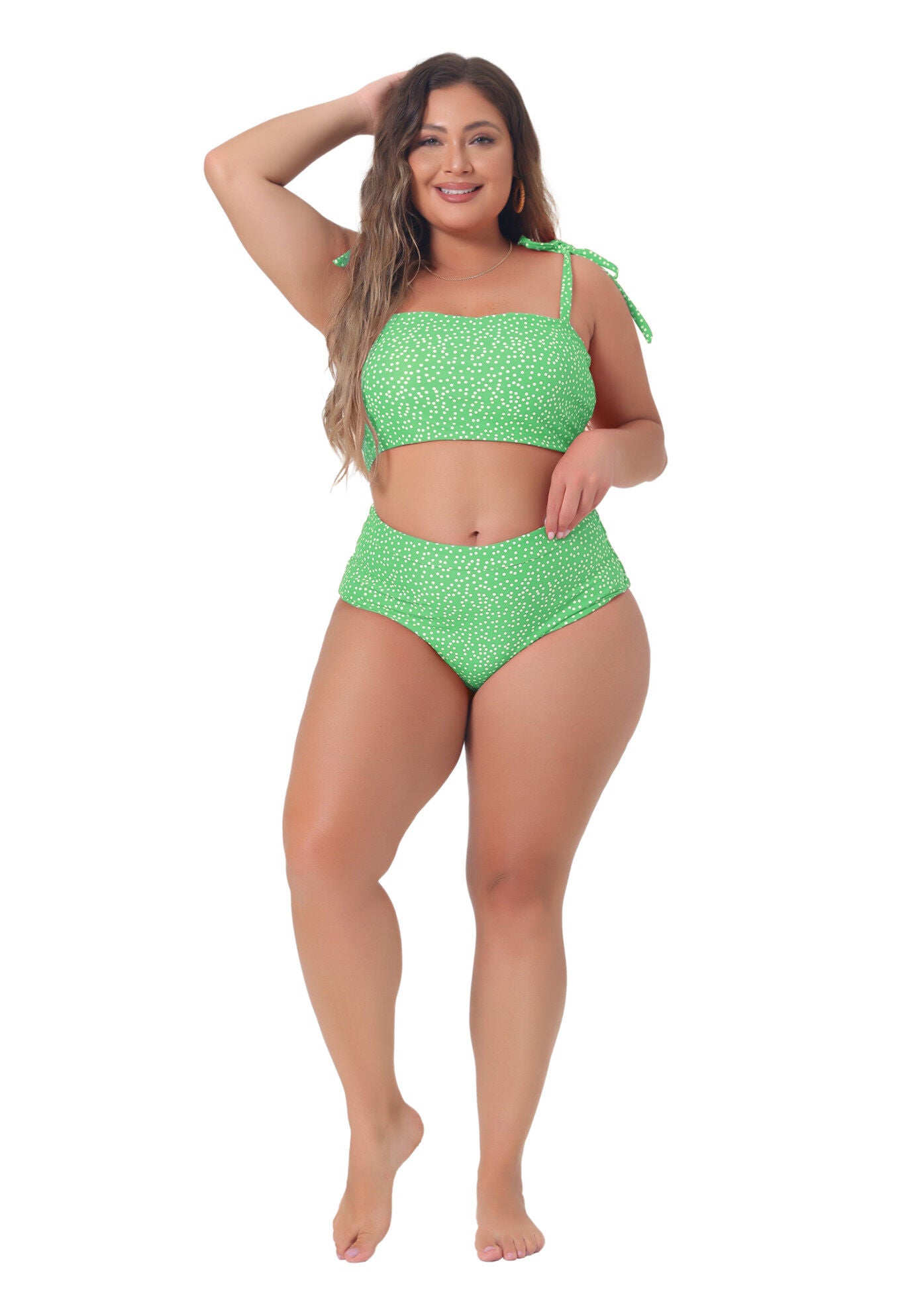 Two Piece Swimsuit Polka Dots Bikini Bandeau, Grass Green / Kelly Green, hi-res image number 0