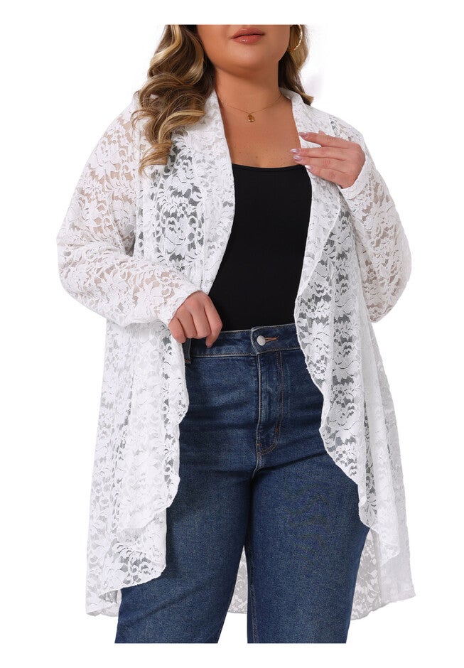 Long Sleeve Sheer Crochet Lace Cover Up, White / White, alternate image number 1