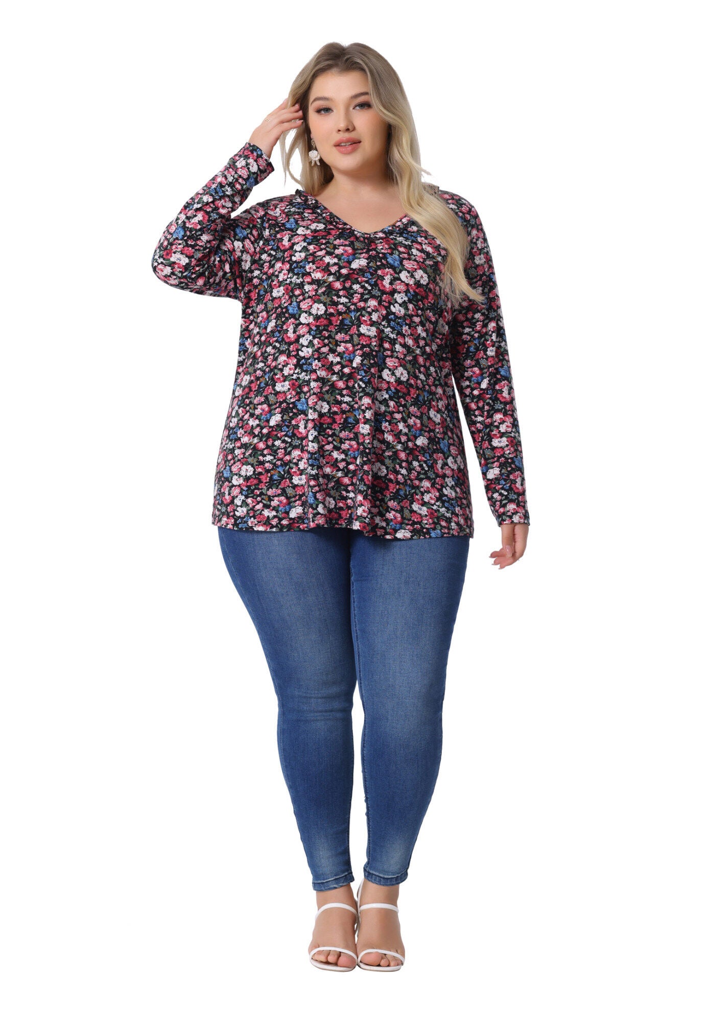 Floral V Neck Long Sleeve Ruffle Tunic Blouse Top, Black Pink / Pink, hi-res image number 0