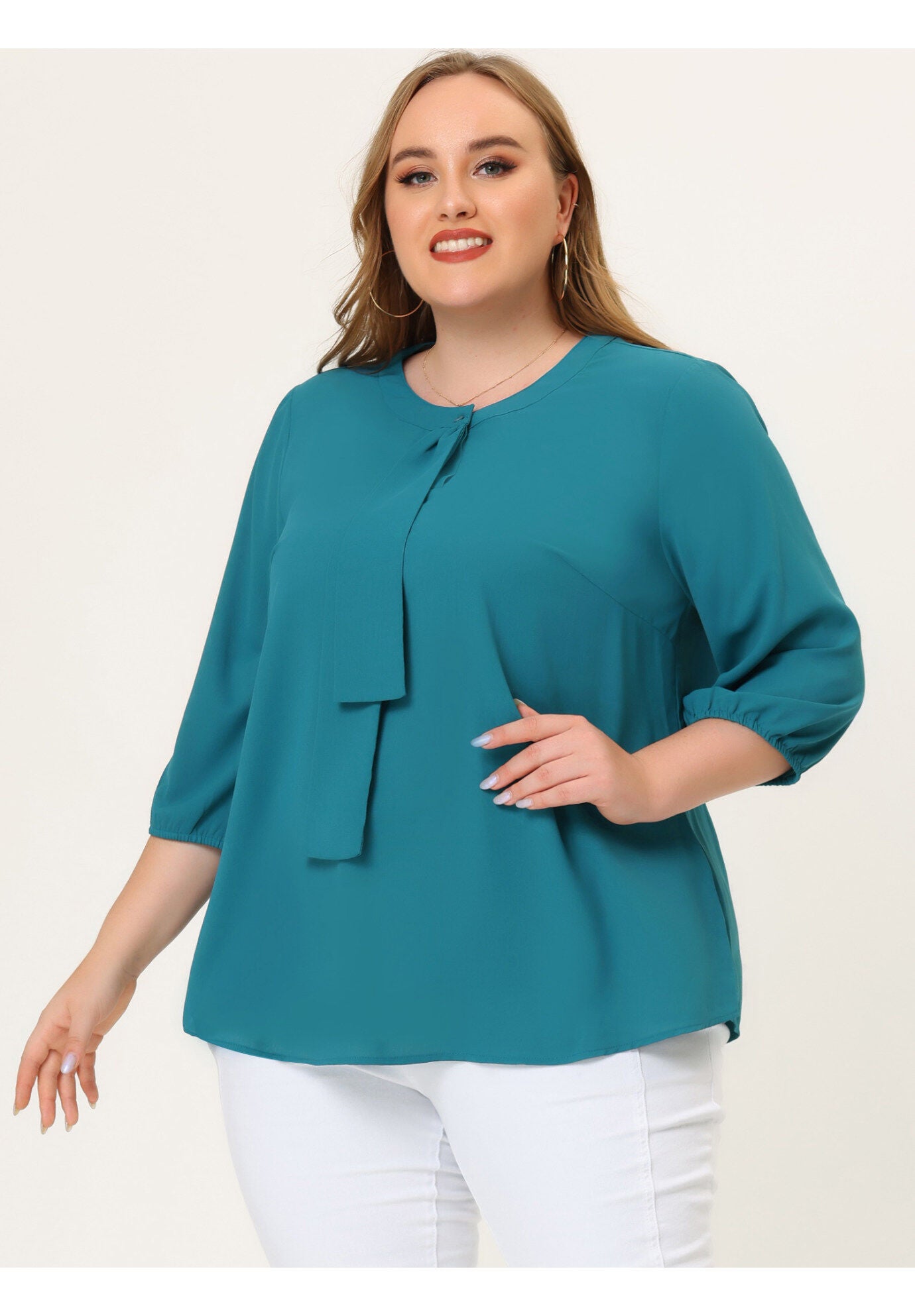 Work Round Neck Ruffle Chiffon Blouse Top, Blue Green / Quetzal Green, alternate image number 1