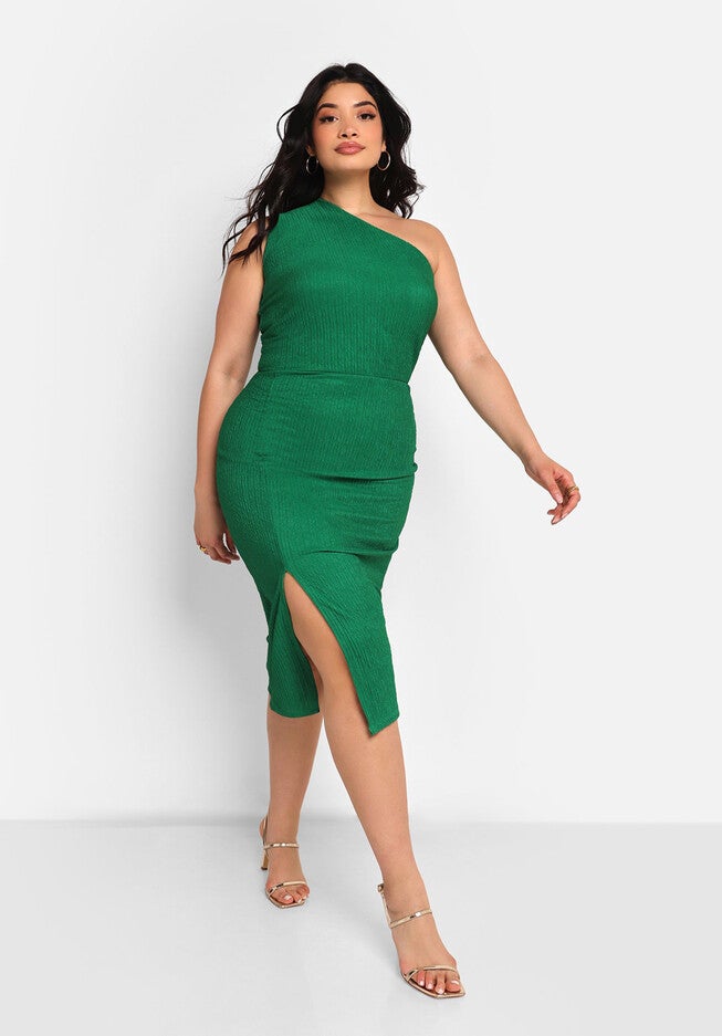 Francesca Textured One Shoulder Midi Bodycon Dress W. Slit, Green / Kelly Green, hi-res image number 0