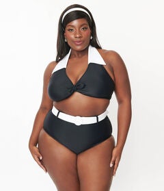Unique Vintage Black & White Belted Swim Bottoms