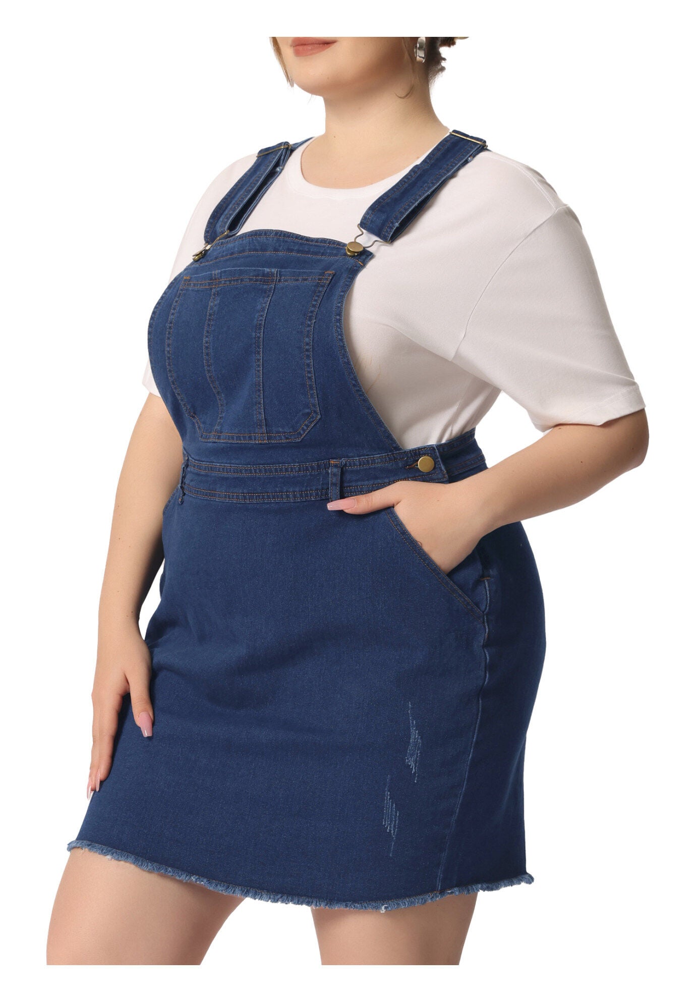 ADJUSTABLE STRAP DISTRESSED DENIM SUSPENDER SKIRT OVERALL DRESS, Blue / Navy, alternate image number 1