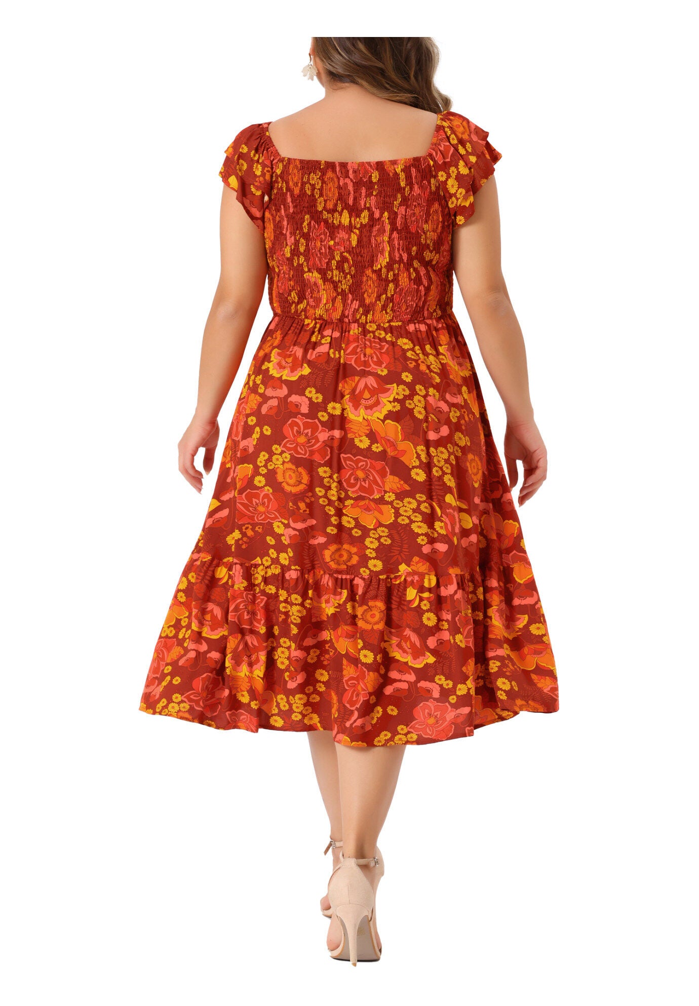 Square Neck Flutter Sleeve Smocked High Waist Flowy Summer Midi Dress, Brick Red / Red, alternate image number 3