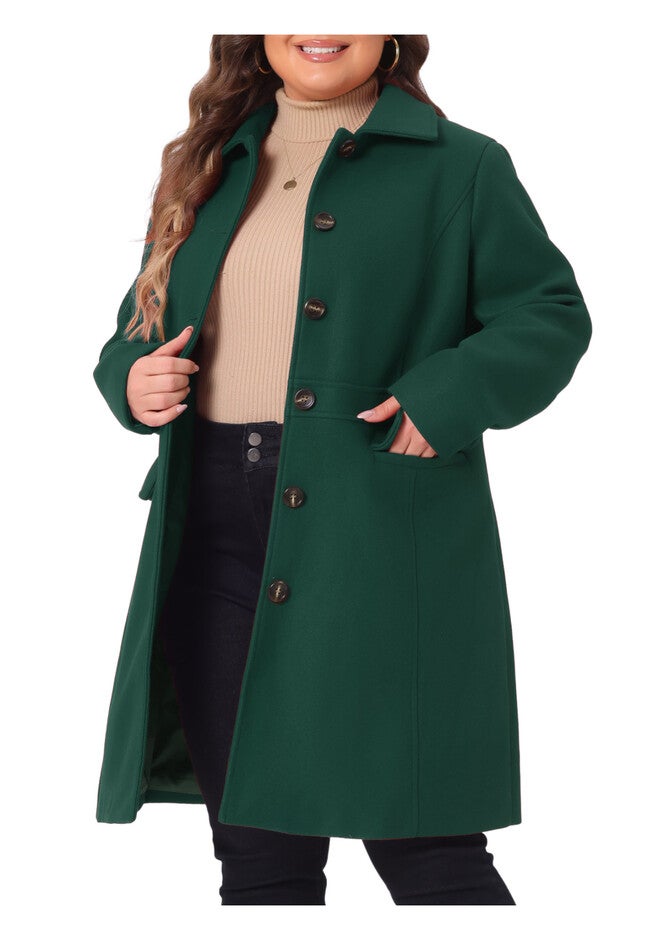 PETER PAN COLLAR SINGLE BREASTED WINTER LONG COAT, Dark Green / Forest Green, alternate image number 2