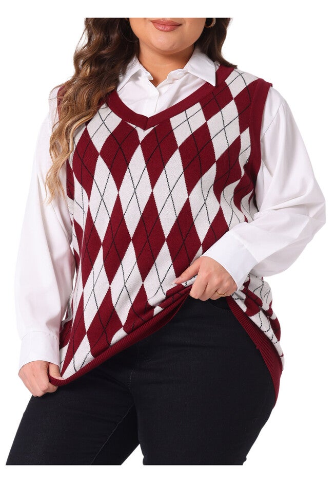 Plaid Cable Knit Sleeveless Pullover Top Sweater Vest, Burgundy / Red, alternate image number 2