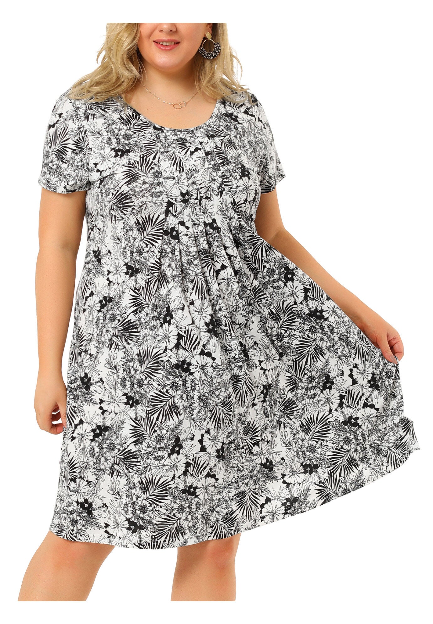 Short Sleeves Pleated Summer Beach Casual Loose Floral Dress, Black / Black, alternate image number 2