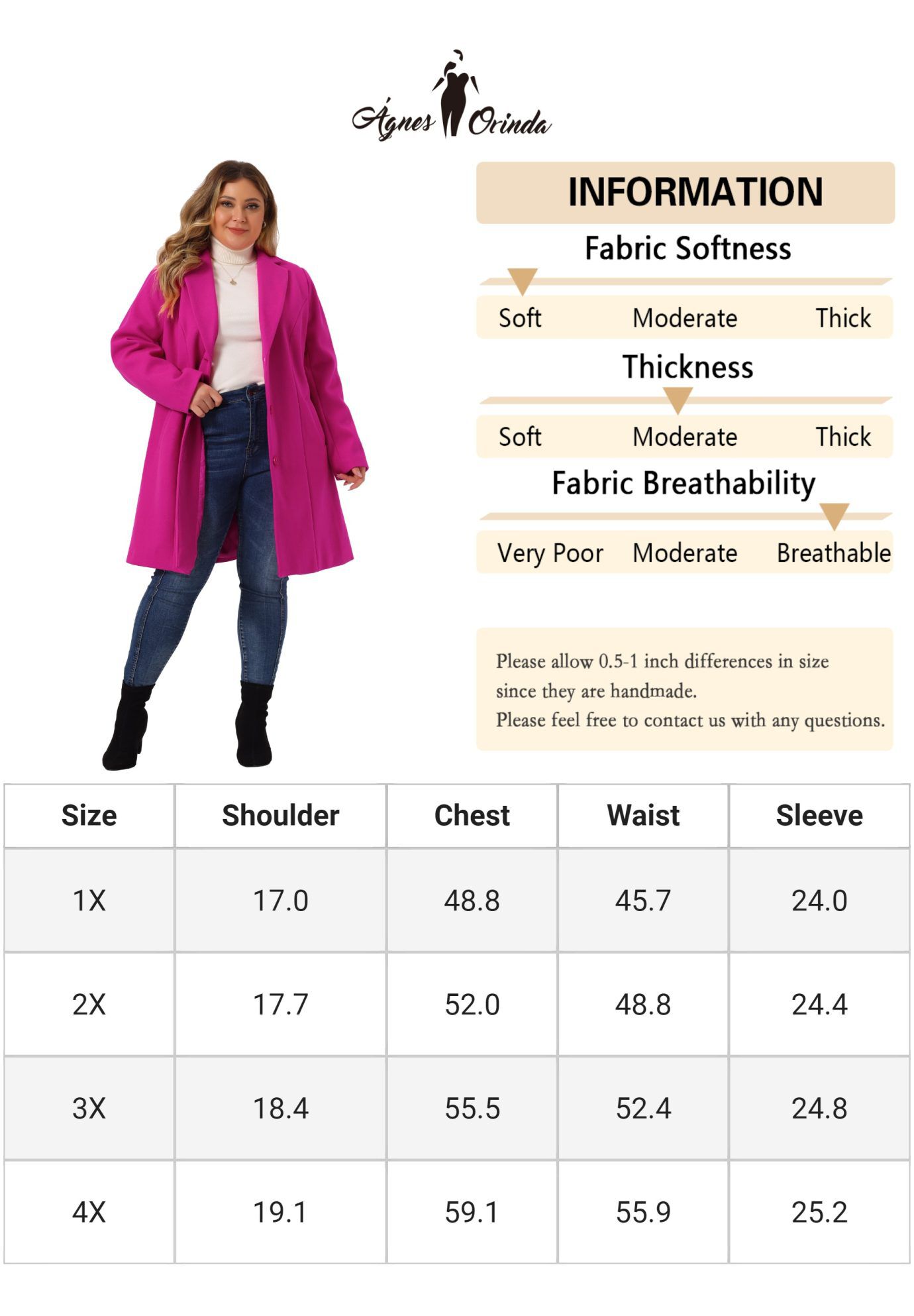 SINGLE BREASTED NOTCHED LAPEL LONG WINTER COAT, Hot Pink / Pink, alternate image number 4