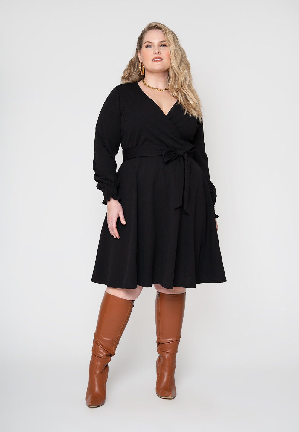 Perfect Wrap Midi with Blouson Sleeve Dress, Black / Black, alternate image number 1