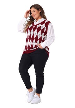 Plaid Cable Knit Sleeveless Pullover Top Sweater Vest