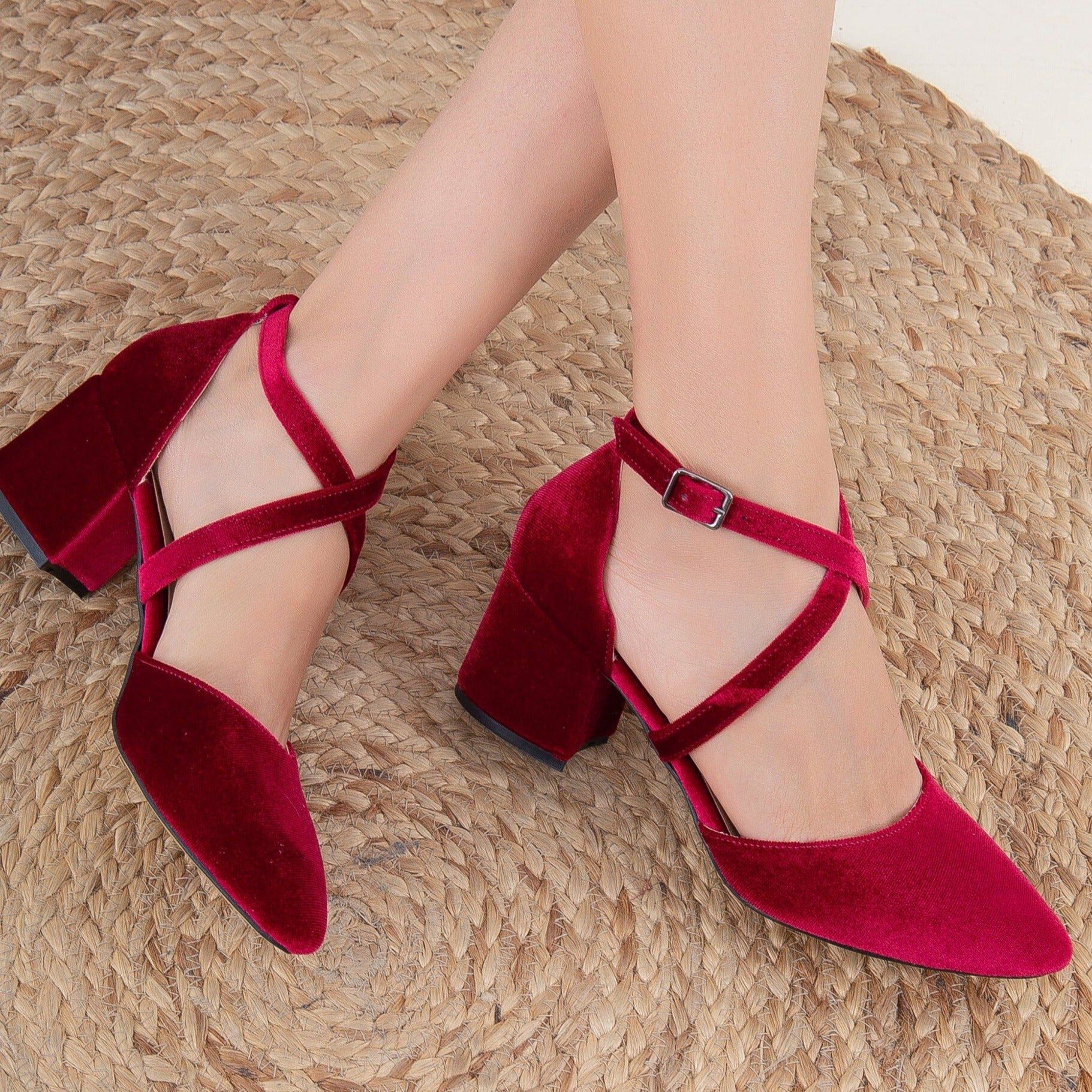 Dolly Low Block Heel Pumps, Burgundy Velvet / Burgundy, alternate image number 3