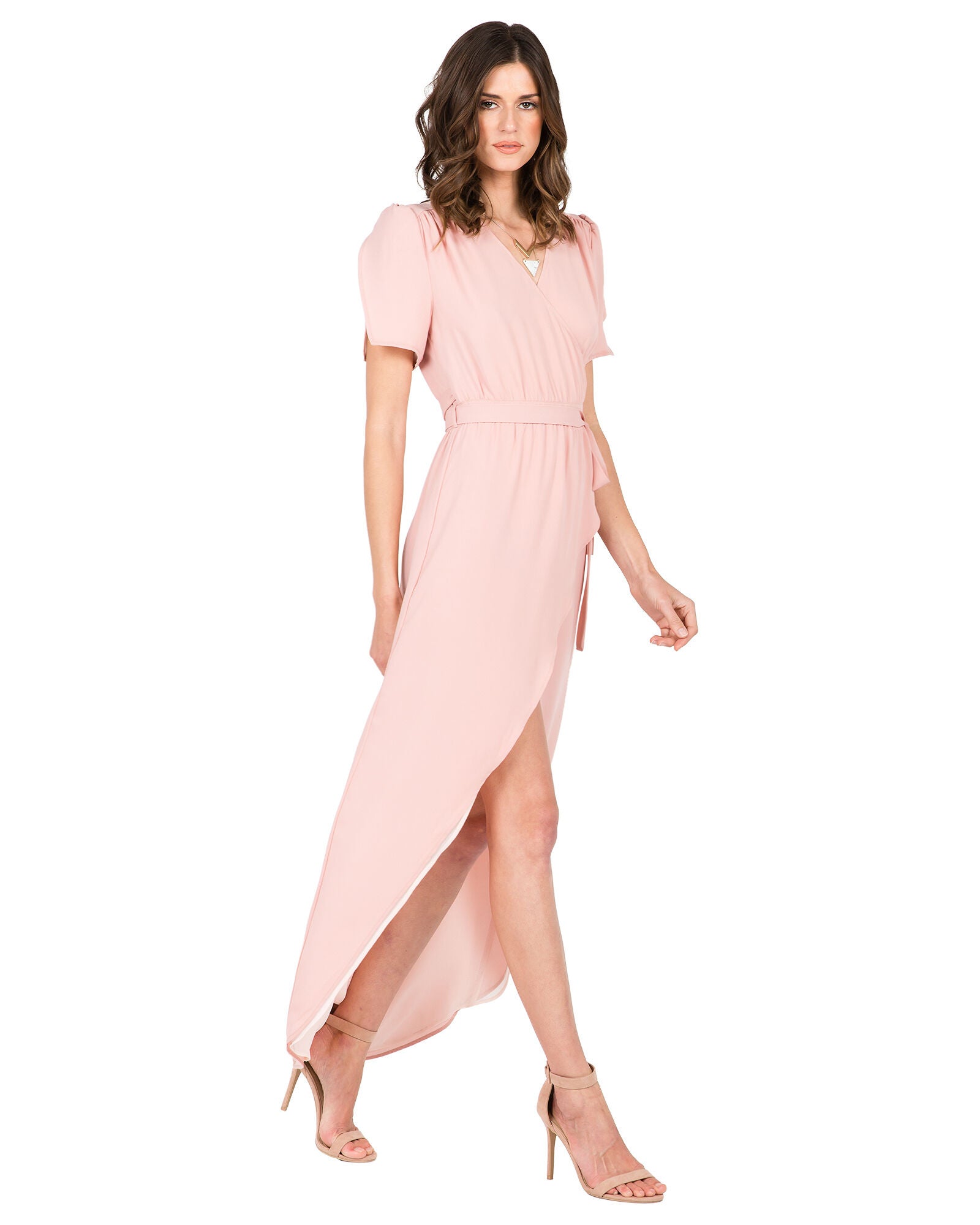 Robin Short Sleeve V-Neck Maxi Dress Peach Pink Floral Print, Pink / Light Grey, hi-res image number 0