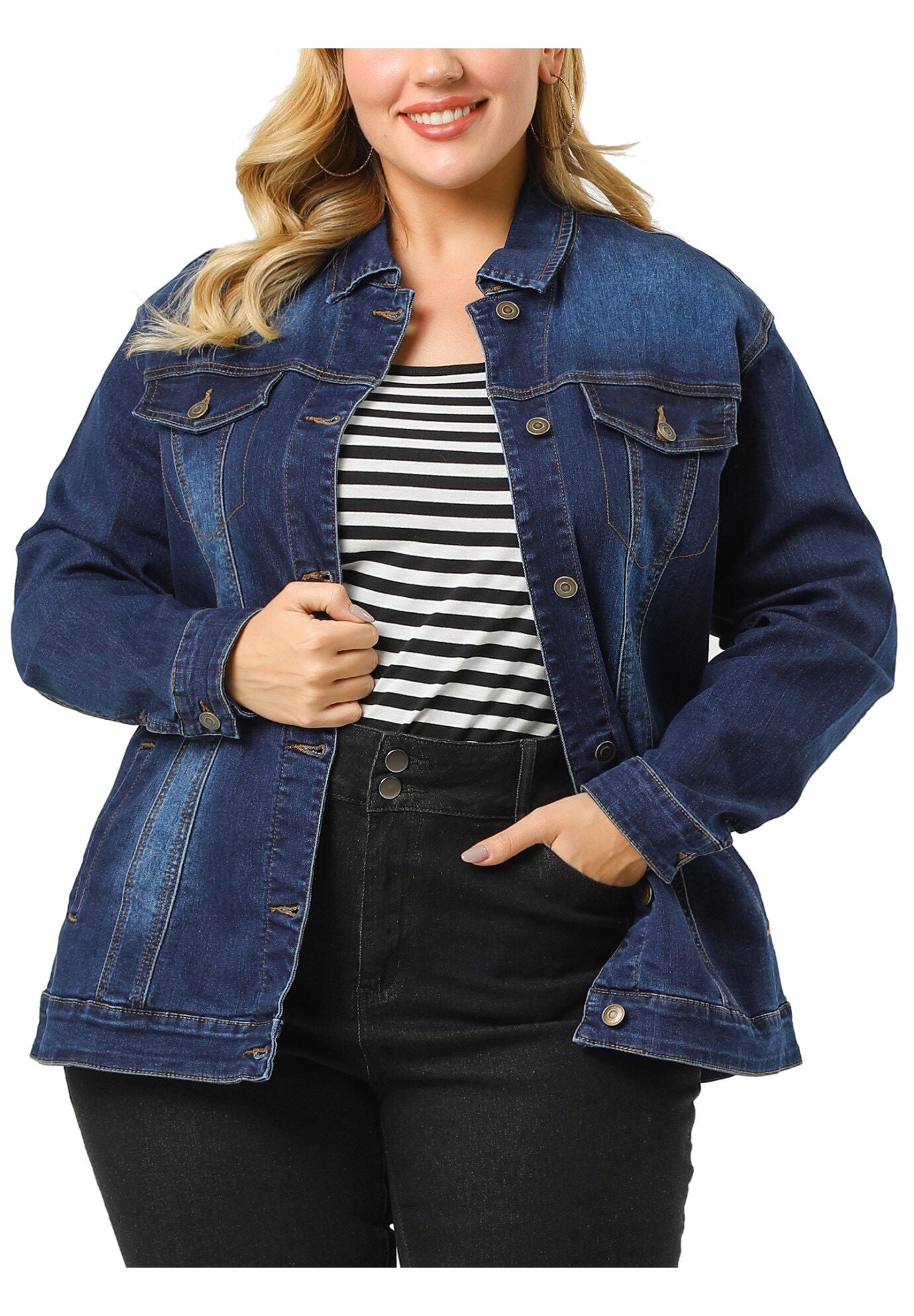 STITCHING BUTTON FRONT WASHED DENIM JACKET, Dark Blue / Navy, alternate image number 2