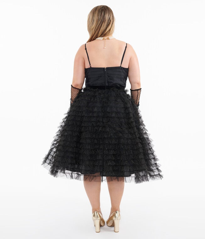 1950s Black & Gold Glitter Tulle Cupcake Swing Dress, BlackGold / Black, alternate image number 2