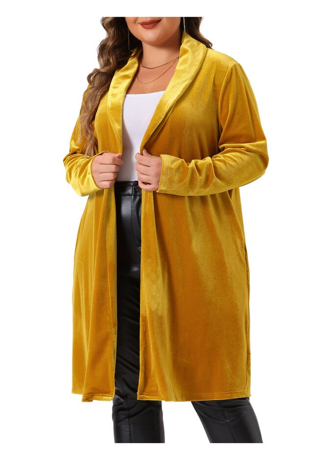 OPEN FRONT LIGHTWEIGHT LONG VELVET BLAZER CARDIGAN, Gold / Gold, alternate image number 1