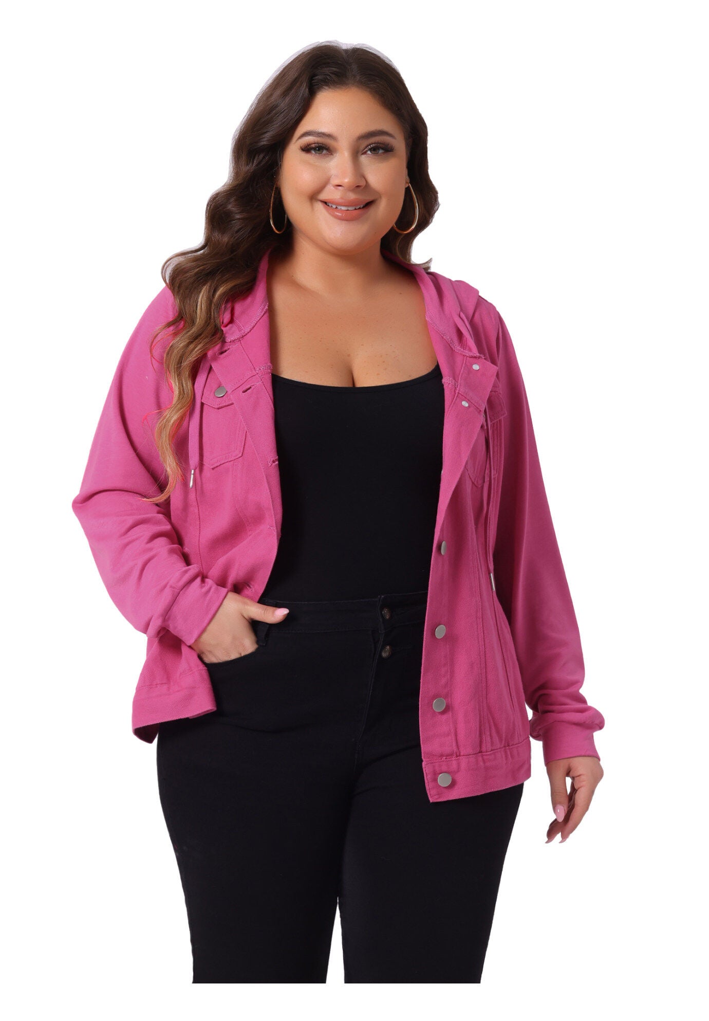 LAYERED DRAWSTRING HOODIE DENIM JEAN JACKET, Hot Pink / Pink, alternate image number 1