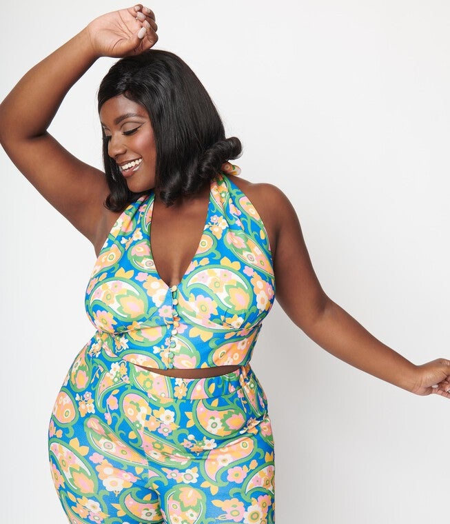 Smak Parlour Plus Size Blue Paisley Floral Mod Print Crop Top, , alternate image number null